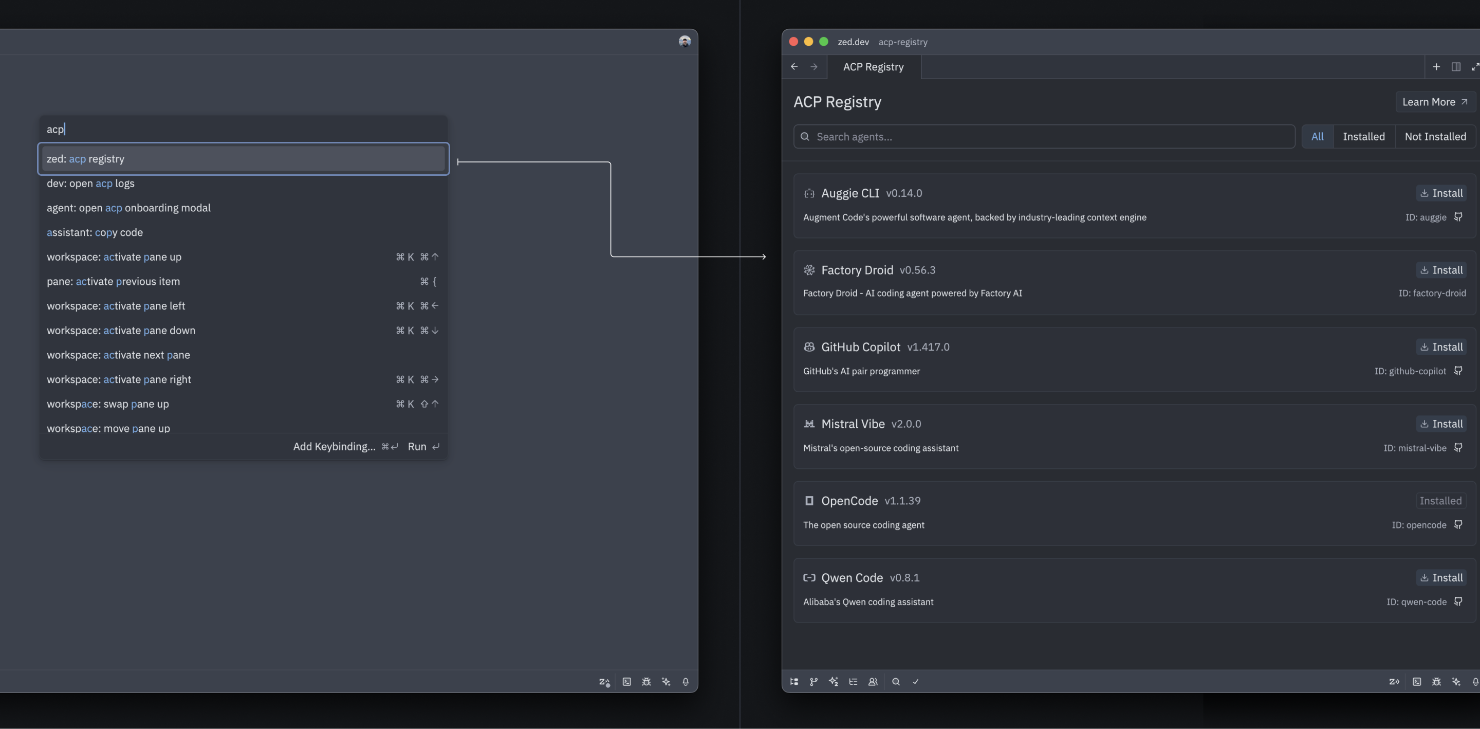 Official Zed blog screenshot of the command palette opening the zed acp registry action on the left and the ACP Registry page on the right listing Auggie CLI, Factory Droid, GitHub Copilot, Mistral Vibe, OpenCode and Qwen Code with Install buttons