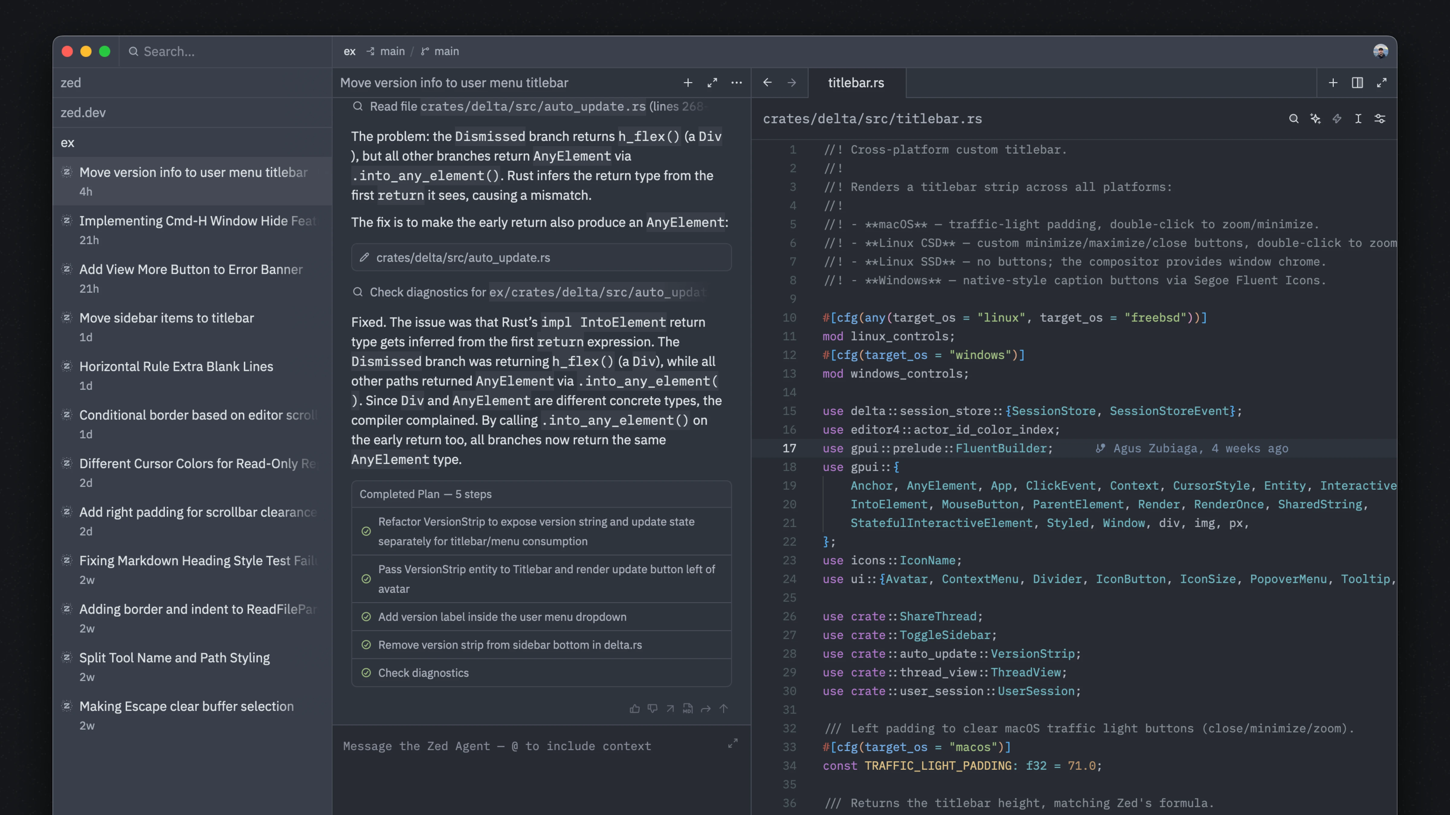 Official Zed blog screenshot of Zed version 1.0 on macOS with a left sidebar of agent threads grouped by project, a center agent conversation fixing a Rust return type error with a completed five-step plan, and a Rust source file open on the right