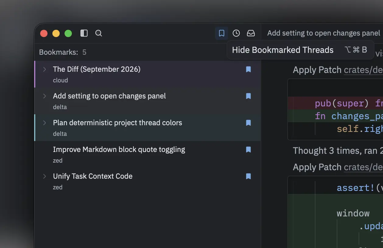Delta sidebar filtered down to bookmarked threads.