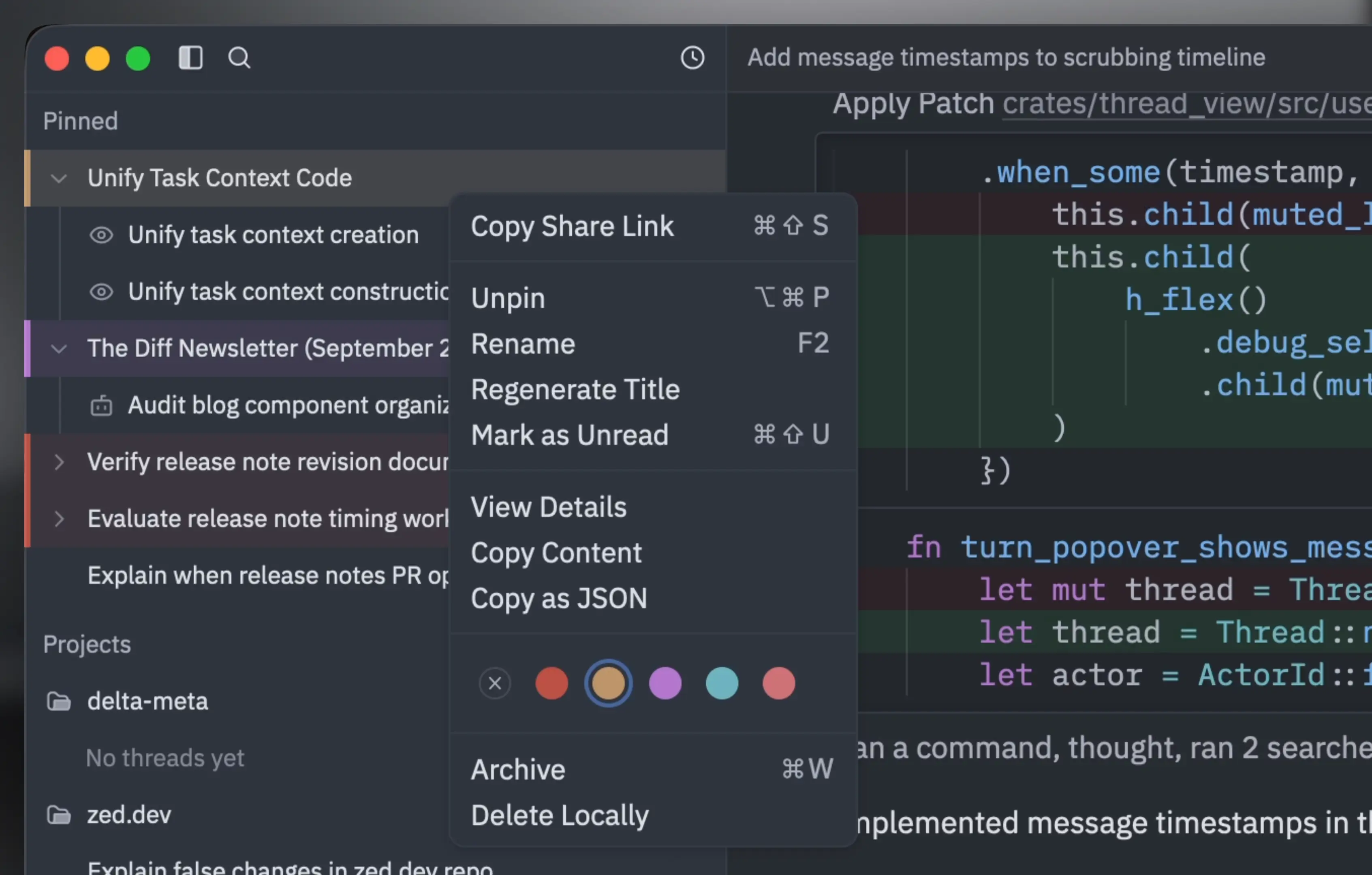 Color-coded threads in the Delta sidebar
