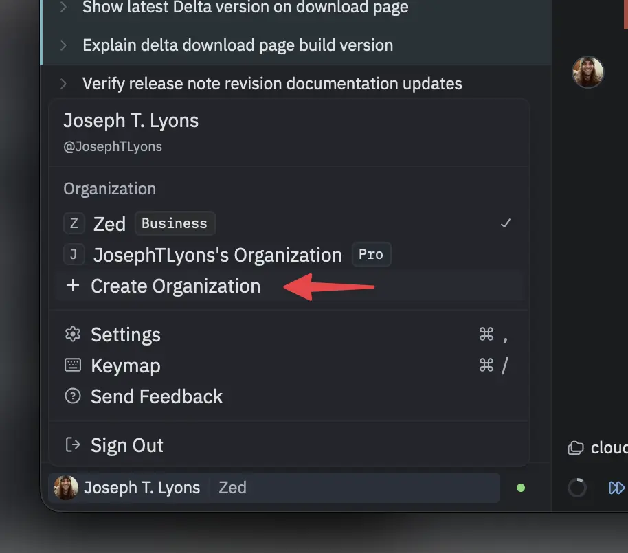 The Create Organization option in Delta's user menu.