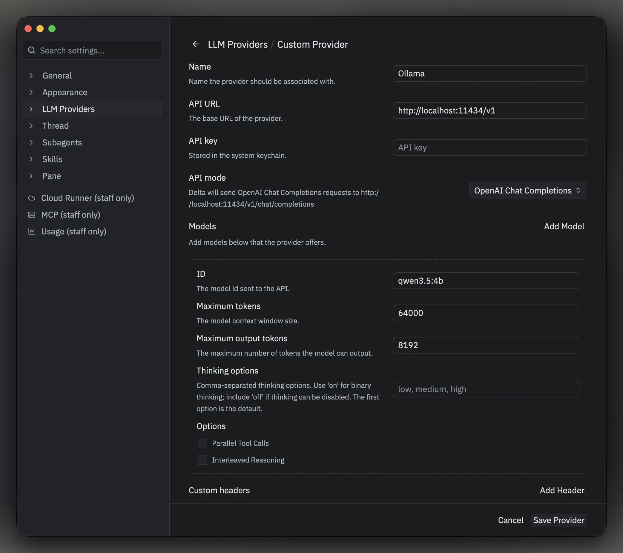 An example of setting up Ollama as a custom provider.