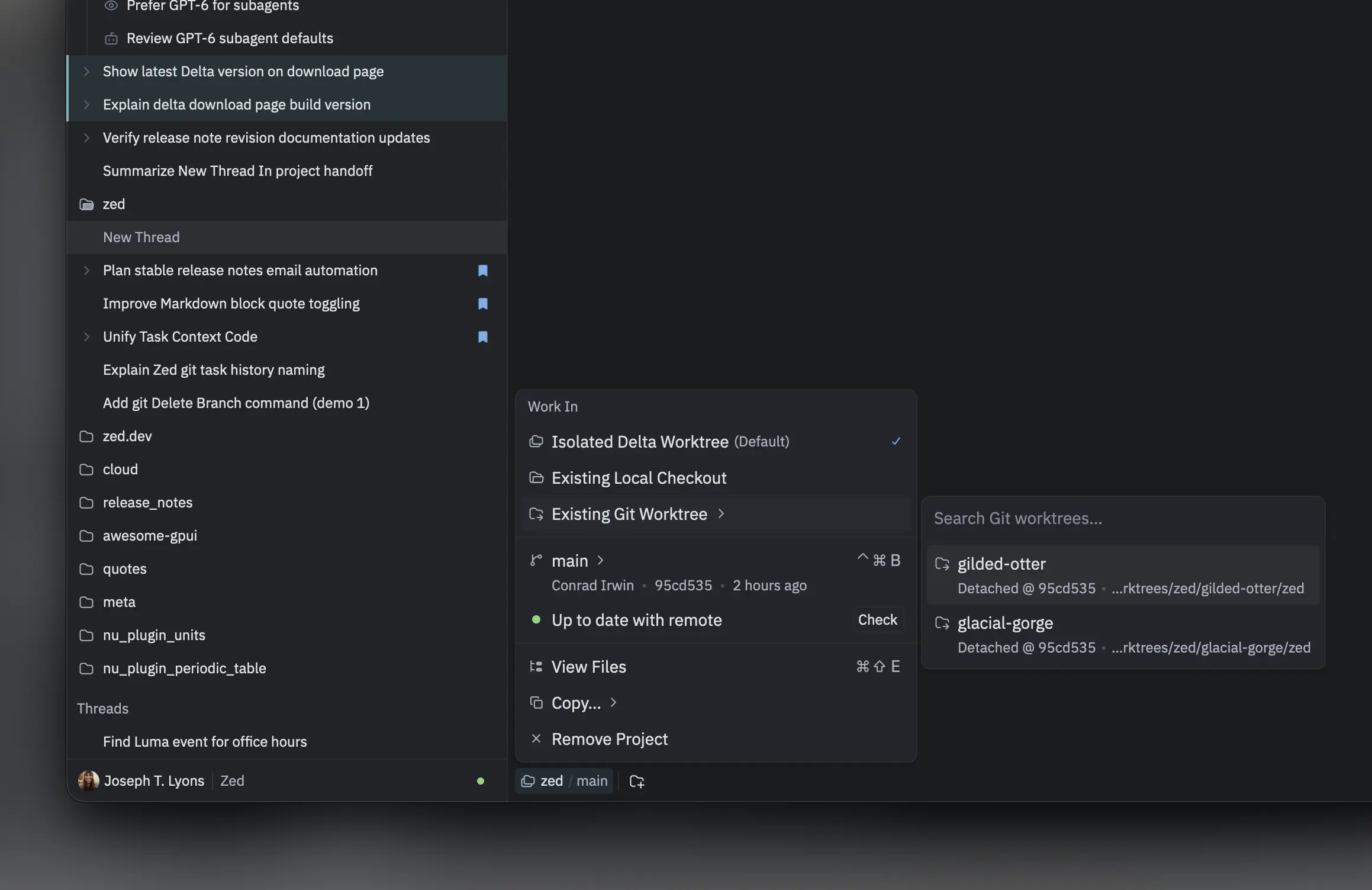 The Project Settings menu listing existing Git worktrees for a new Delta thread in the Zed repository.
