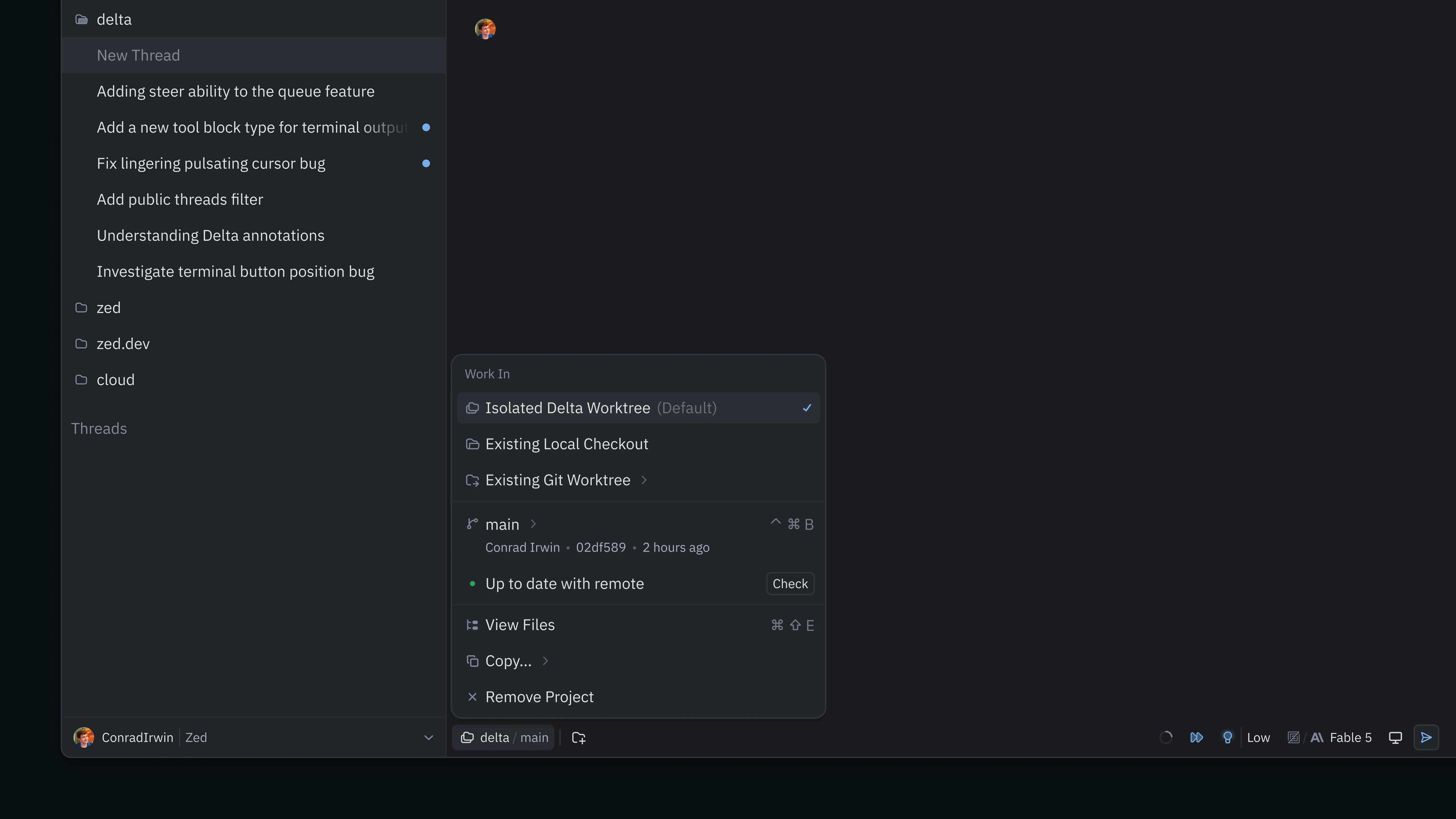 Creating a new thread in Delta gives you an isolated Delta worktree by default.