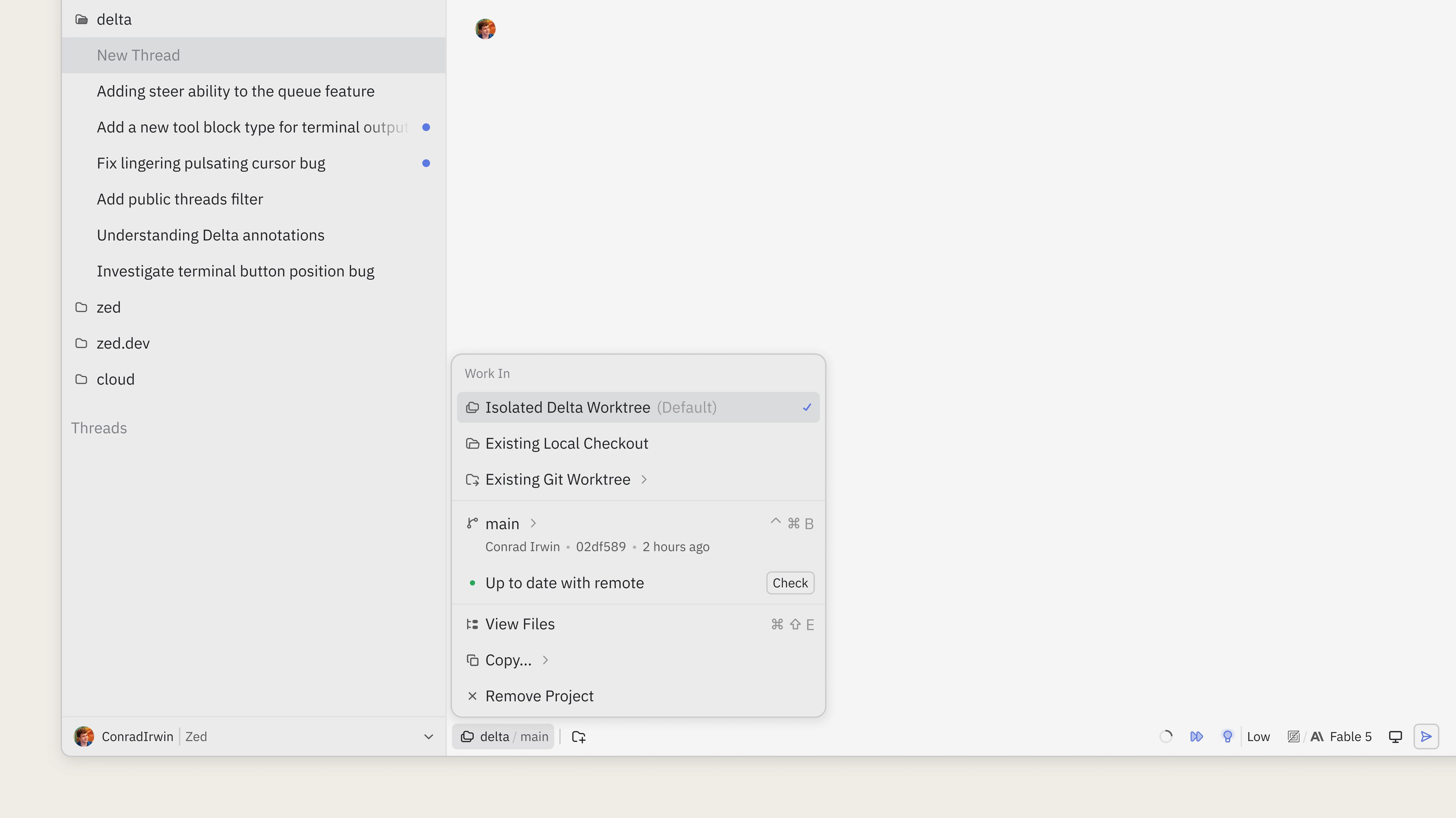 Creating a new thread in Delta gives you an isolated Delta worktree by default.