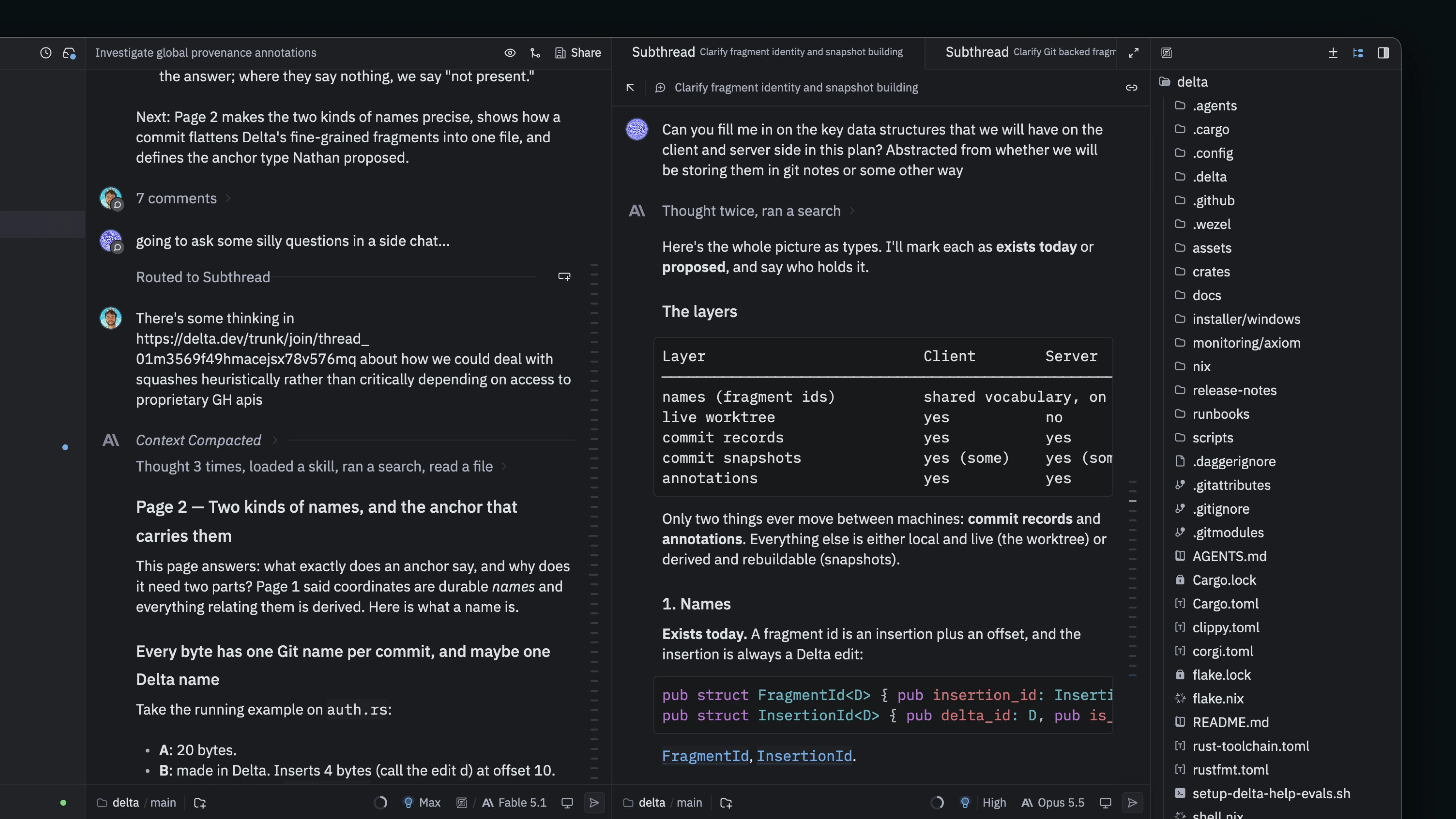 Cole's isolated subthread exploring data structures alongside the original planning conversation in Delta.