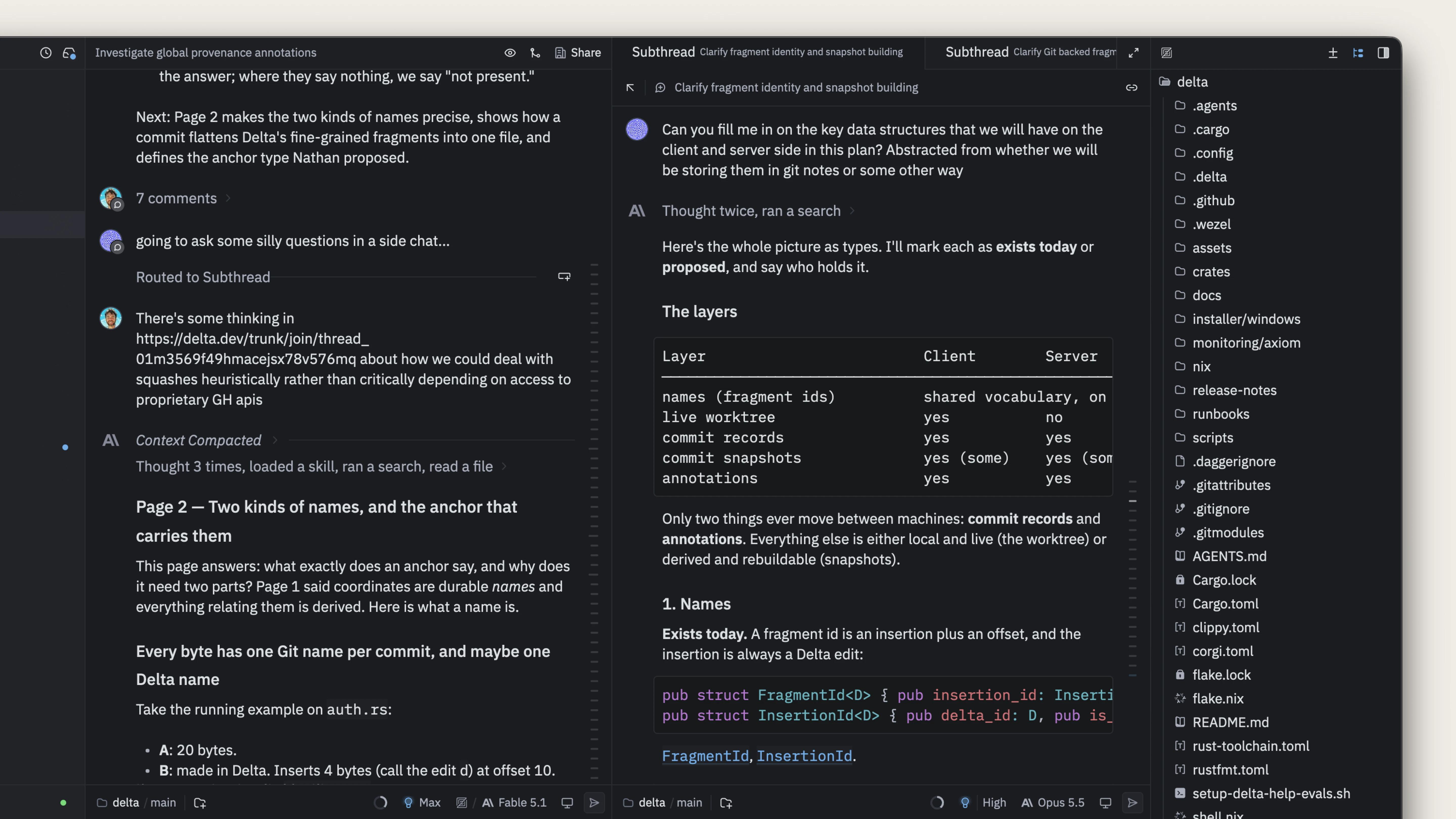 Cole's isolated subthread exploring data structures alongside the original planning conversation in Delta.