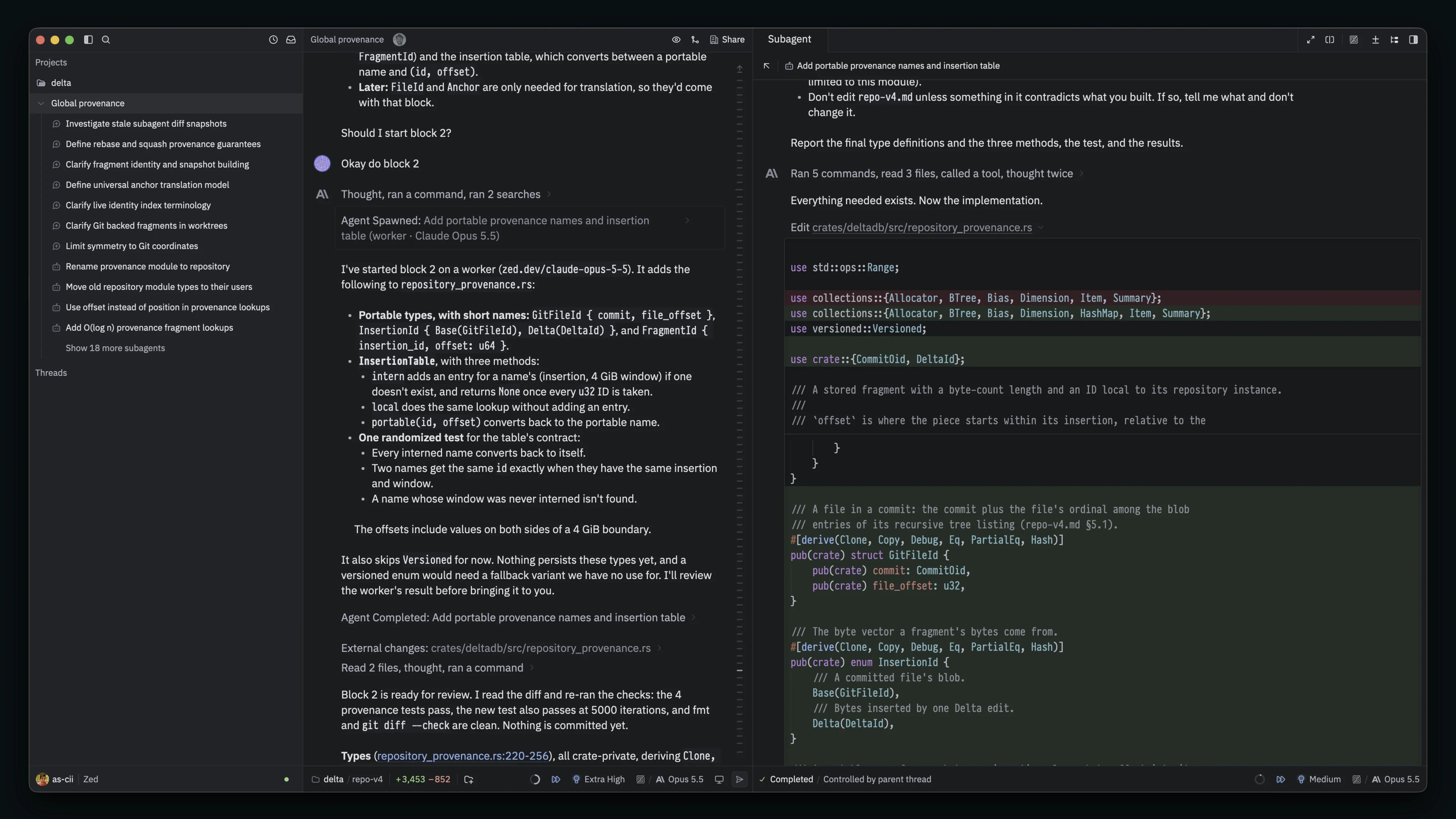 A parent thread delegates an implementation block to an isolated subagent shown alongside it.