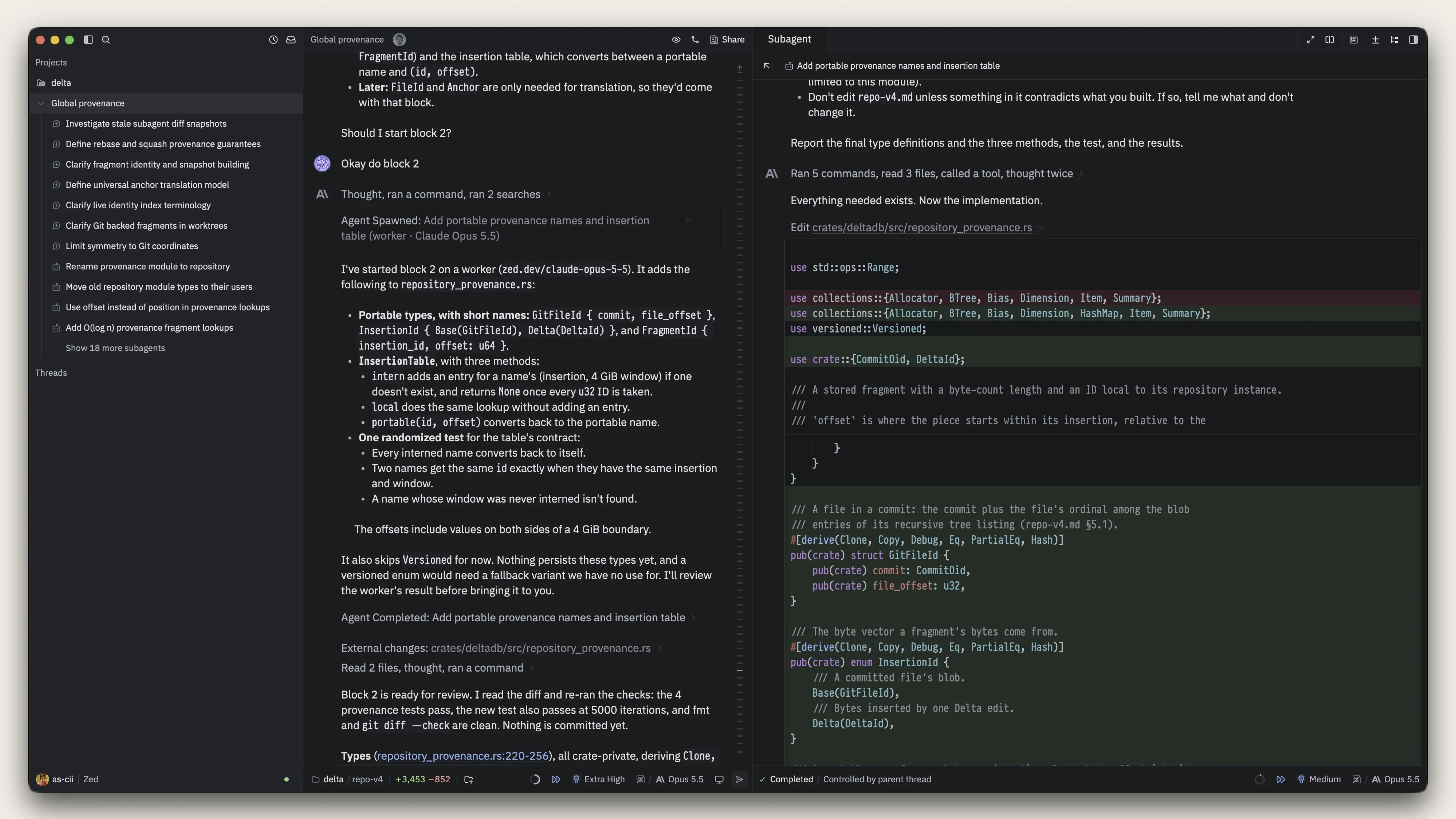 A parent thread delegates an implementation block to an isolated subagent shown alongside it.