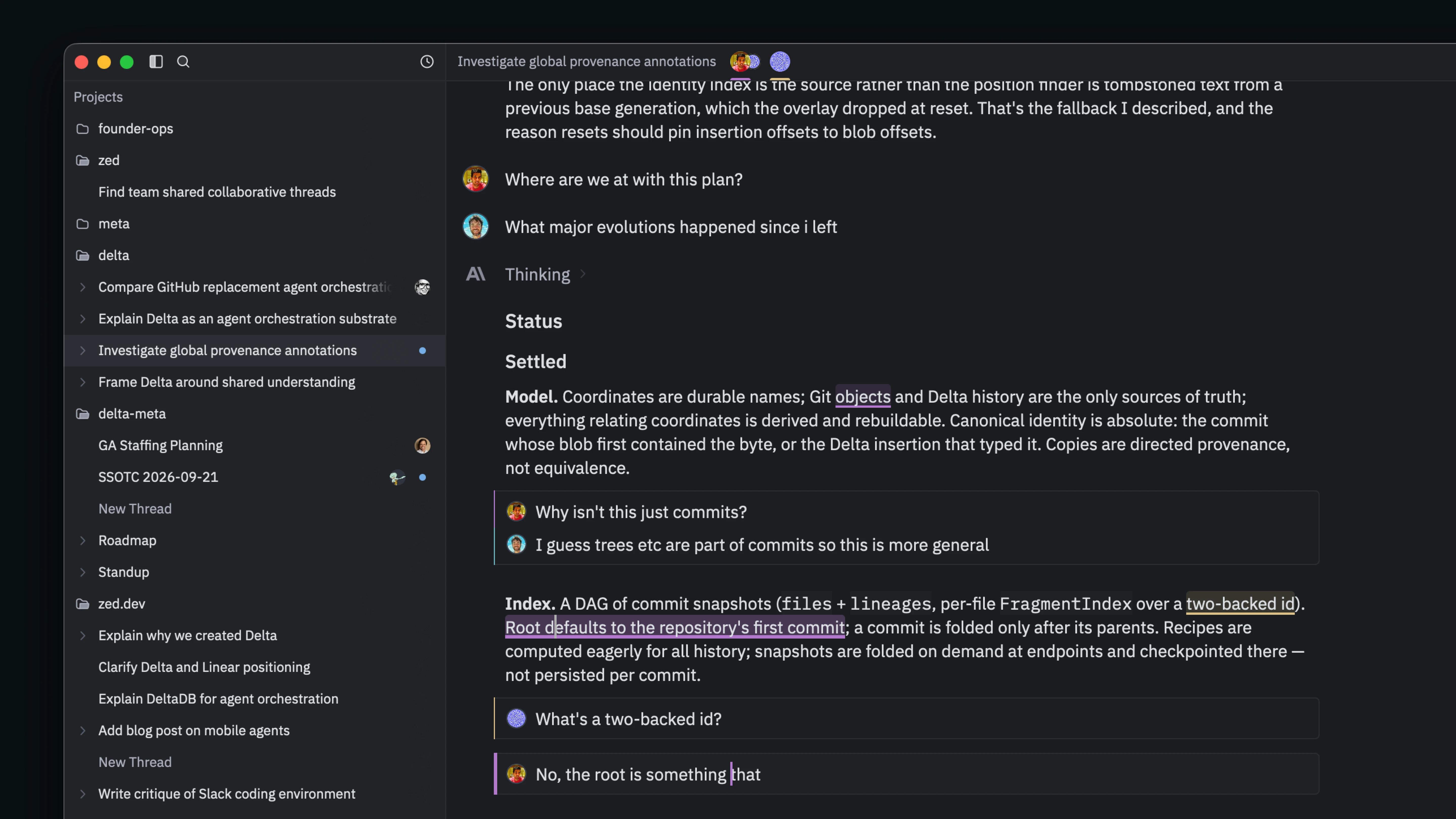 Nathan, Antonio, and Cole discussing a plan with inline comments in a shared Delta thread.