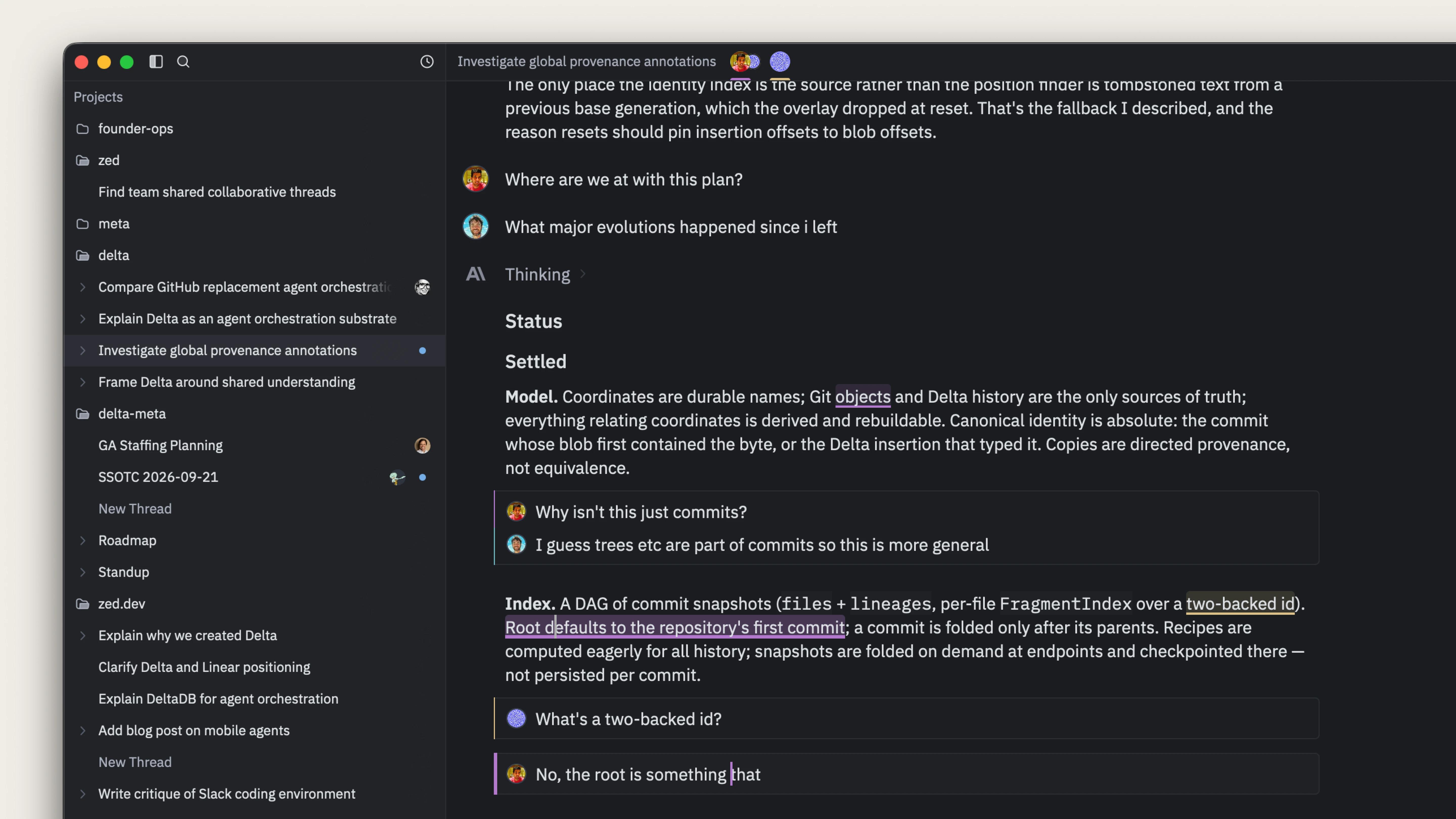 Nathan, Antonio, and Cole discussing a plan with inline comments in a shared Delta thread.