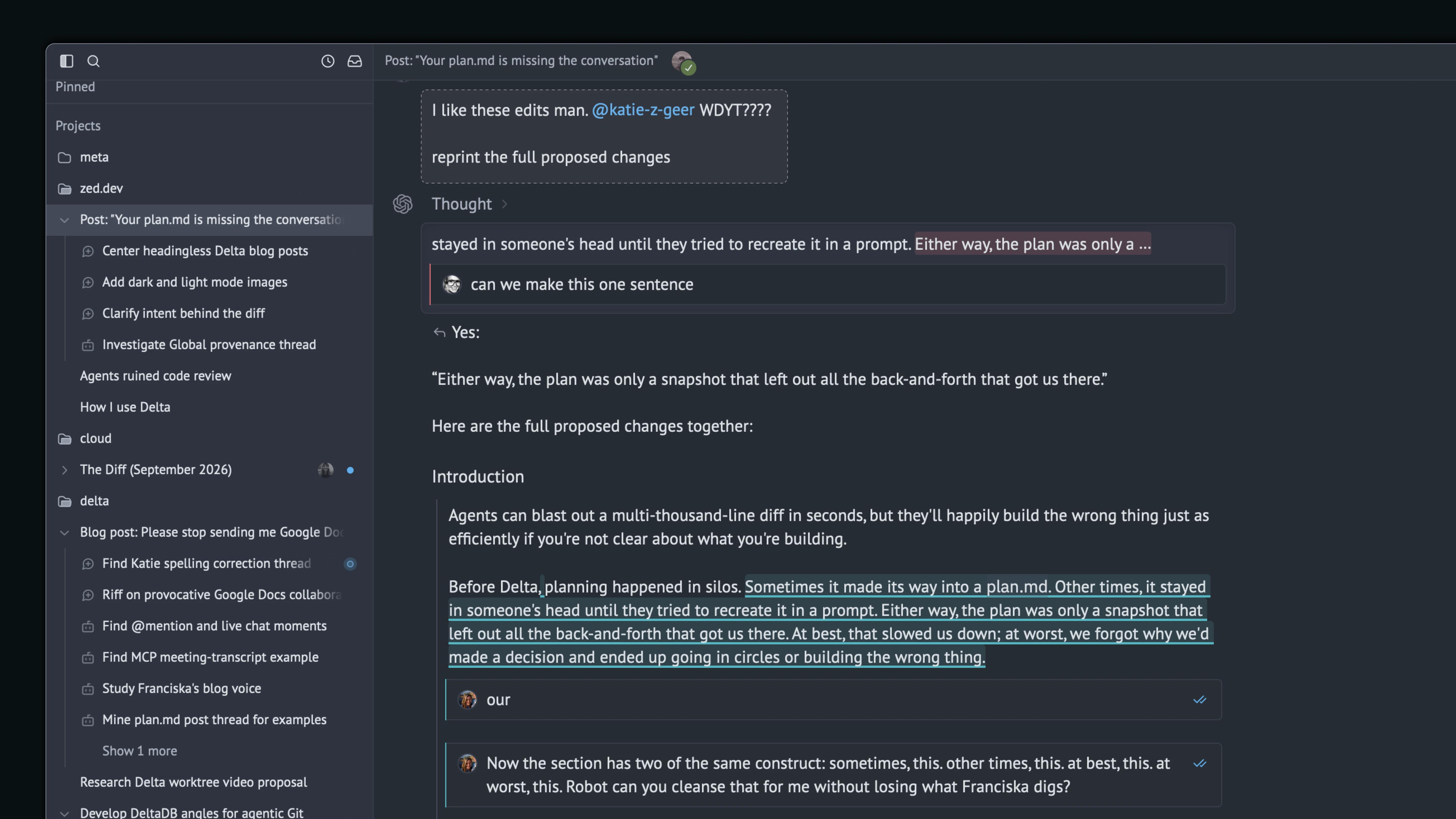 After @-mentioning Katie, she started to talk through the idea together with me and the agent, in the thread.