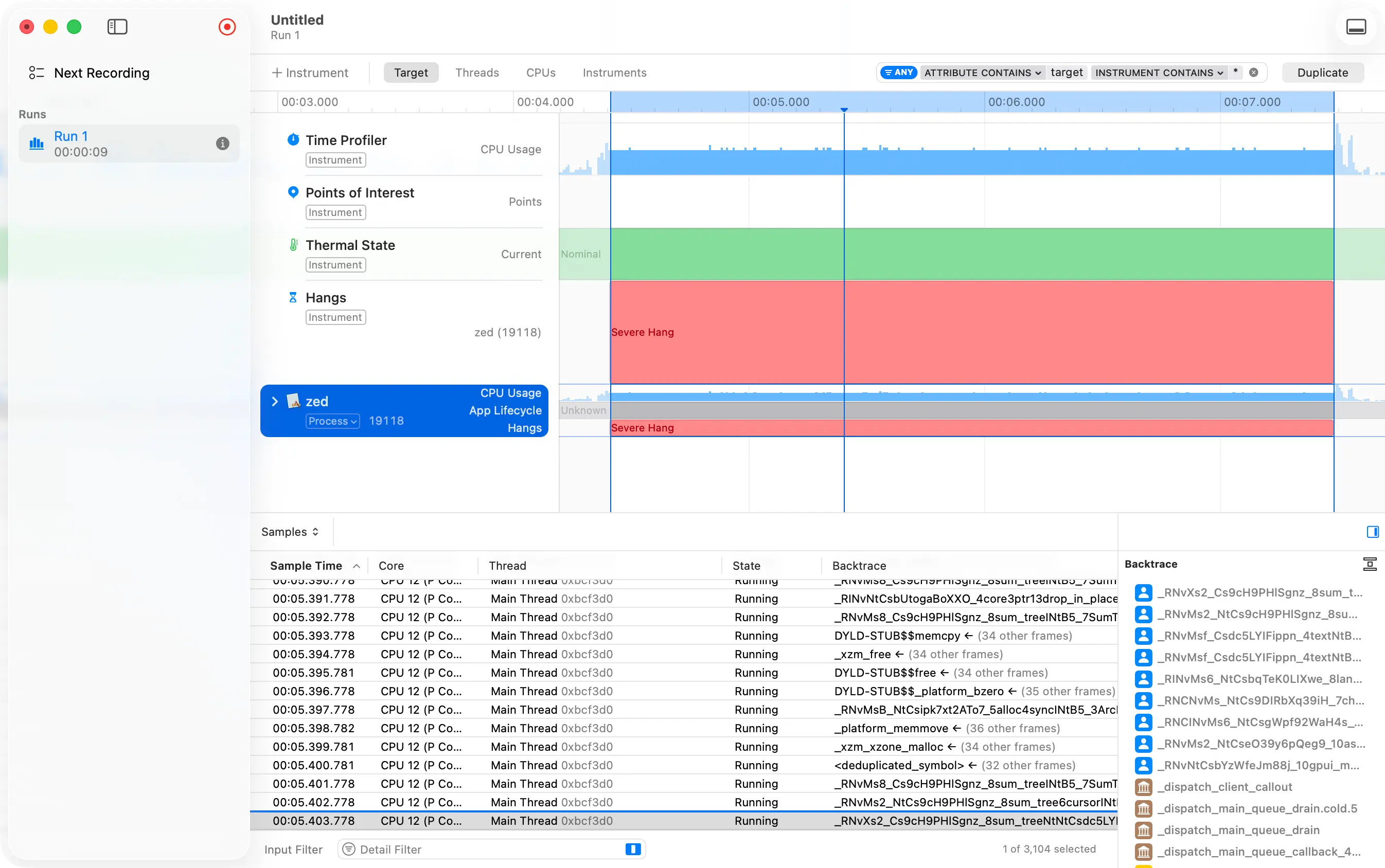 A completed Time Profiler recording in Instruments
