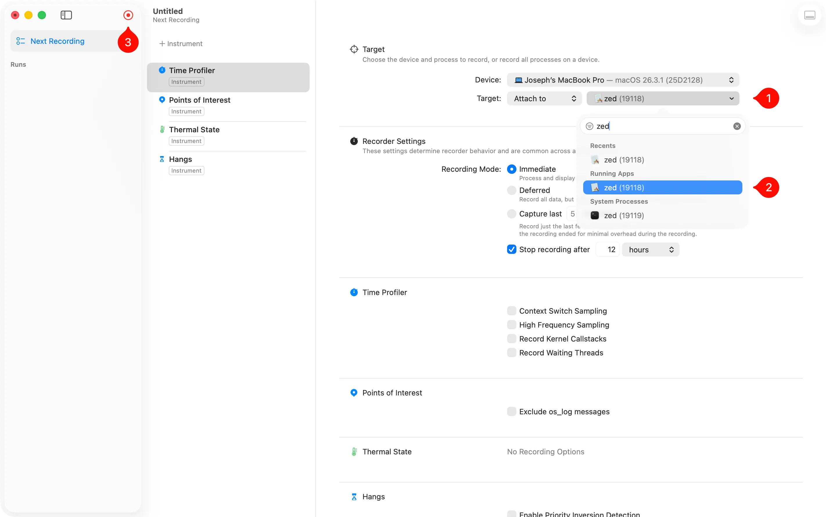 Time Profiler configuration showing the target dropdown and record button