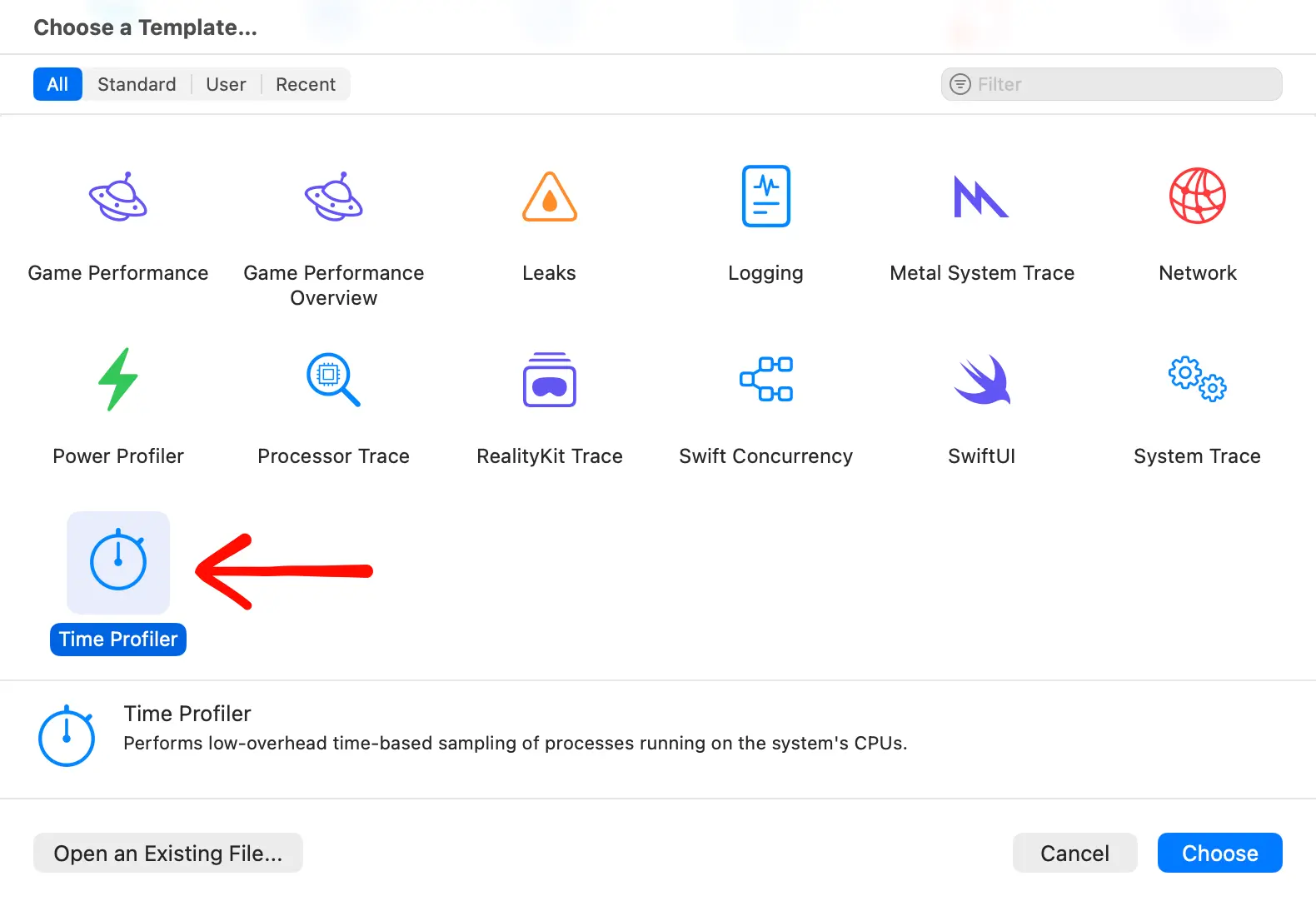 Instruments template picker with Time Profiler selected